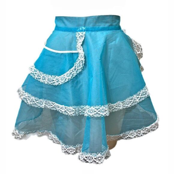 Blue Ruffled Organdy Half Apron Vintage Layered French Maid Hostess Sheer - Picture 1 of 3